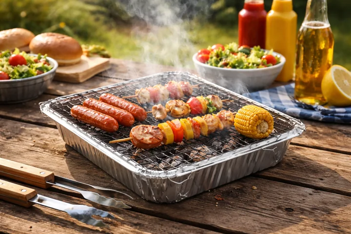 Zdjęcie przedstawia grill jednorazowy w letniej scenerii podczas grillowania