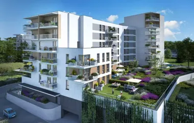 Nowoczesny apartamentowiec z balkonami i zielonym ogrodem na dachu