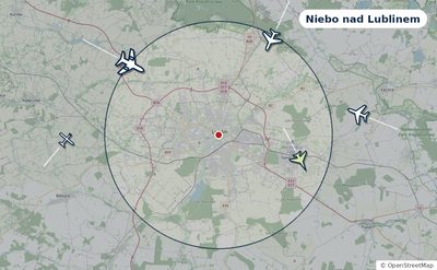 Mapa okolic miasta z sylwetkami samolotów — Niebo nad Lublinem na żywo