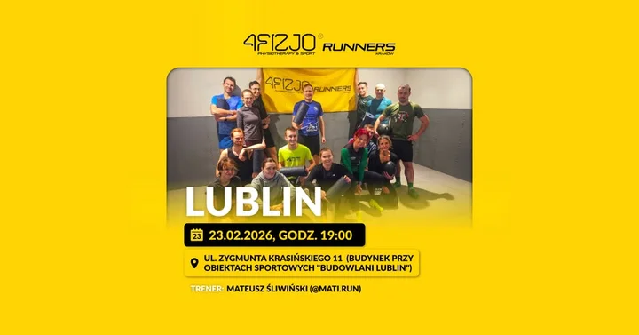 Grafika promocyjna wydarzenia 4FIZJO Runners Lublin — otwarty trening biegowy w Lublinie