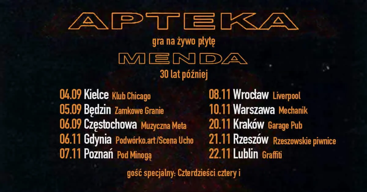 Grafika promocyjna wydarzenia Apteka gra „Mendę” – koncert w Lublinie