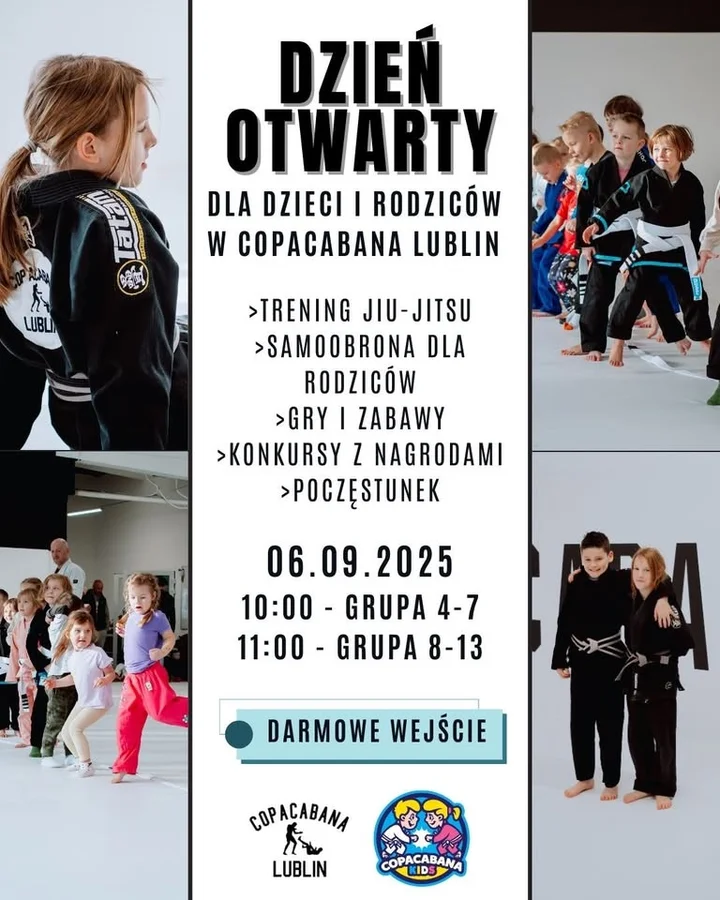 Obrazek przedstawia grafikę promocyjną wydarzenia Dzień otwarty Copacabana Lublin — bezpłatne treningi jiu-jitsu dla dzieci i zajęcia samoobrony dla rodziców
