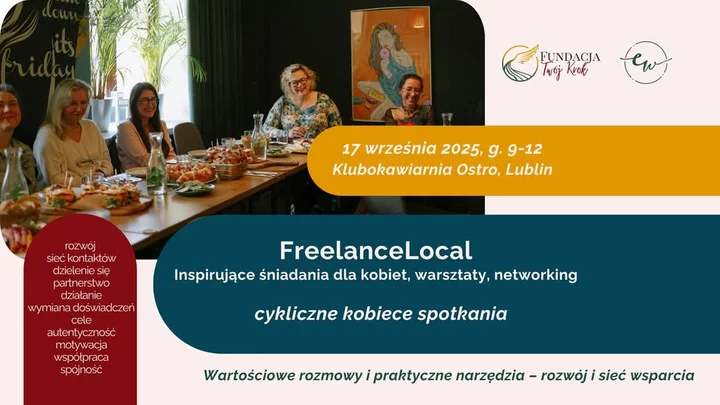Obrazek przedstawia grafikę promocyjną wydarzenia Poranne spotkanie networkingowe i warsztat fotograficzny dla freelancerek w Lublinie