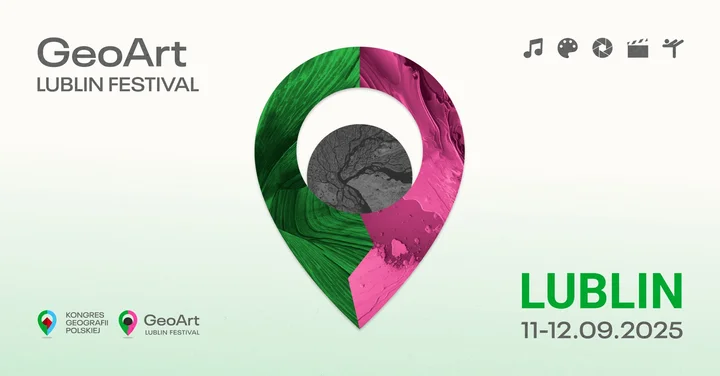 Obrazek przedstawia grafikę promocyjną wydarzenia Festiwal łączący sztukę z geografią w Lublinie