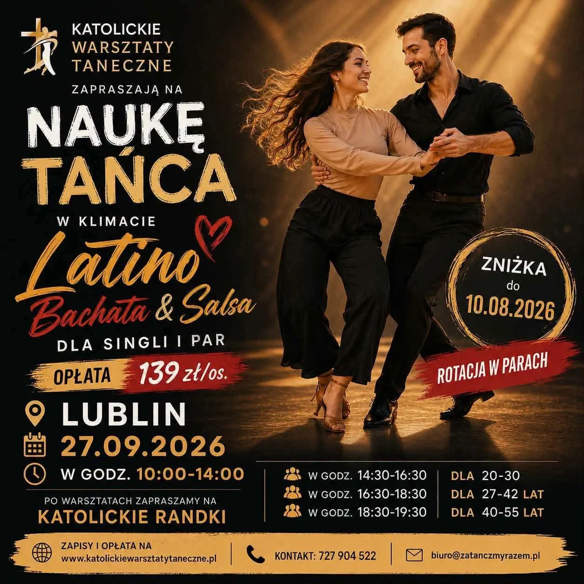 Grafika promocyjna wydarzenia Katolickie Warsztaty Taneczne Lublin: salsa i bachata