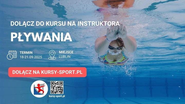 Obrazek przedstawia grafikę promocyjną wydarzenia Kurs instruktora pływania w Lublinie — intensywna edycja 18–21 września 2025