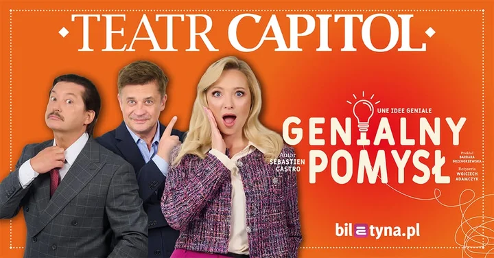 Grafika promocyjna wydarzenia Genialny pomysł — komedia pomyłek Sébastiena Castro w Lublinie