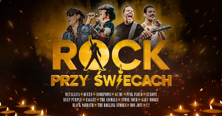 Grafika promocyjna wydarzenia ROCK przy świecach (Lublin) — rockowe klasyki w blasku świec