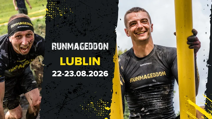 Grafika promocyjna wydarzenia Runmageddon Lublin 2026 — terenowy bieg przeszkodowy w Lublinie