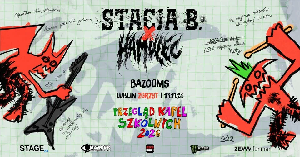 Grafika promocyjna wydarzenia STACJA B. x HAMULEC – przegląd kapel szkolnych w Lublinie