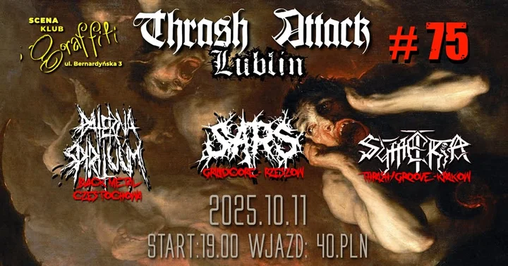 Obrazek przedstawia grafikę promocyjną wydarzenia Wieczór thrash/grind i black metalu w Klubie Scena Graffiti