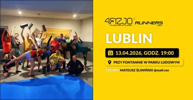 Grafika promocyjna wydarzenia 4FIZJO Runners Lublin: otwarty trening biegowy w Parku Ludowym