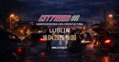 Grafika promocyjna wydarzenia CITYRAID Lublin: samochodowa gra orientacyjna z zadaniami i nagrodami