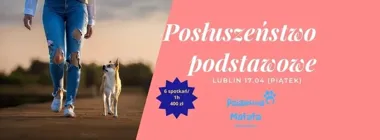 Grafika promocyjna wydarzenia Posłuszeństwo podstawowe Lublin – kurs dla psów i opiekunów, którzy chcą lepiej się dogadywać