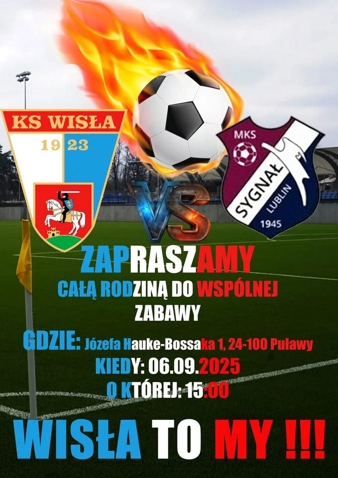 Obrazek przedstawia grafikę promocyjną wydarzenia Mecz Wisła Puławy – Sygnał Lublin w Puławach