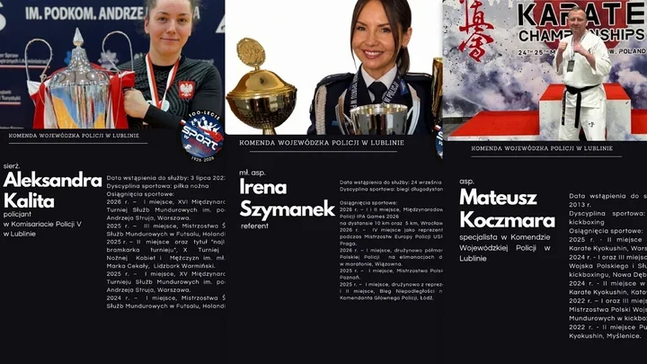 Trzy osoby w mundurach lub strojach sportowych prezentują trofea, promując sportowców Komendy Wojewódzkiej Policji w Lublinie.