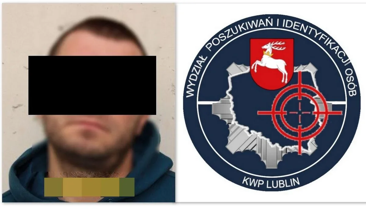 Rozmyte zdjęcie mężczyzny w bluzie z zasłoniętymi oczami obok logo Wydziału Poszukiwań i Identyfikacji Osób KWP Lublin.