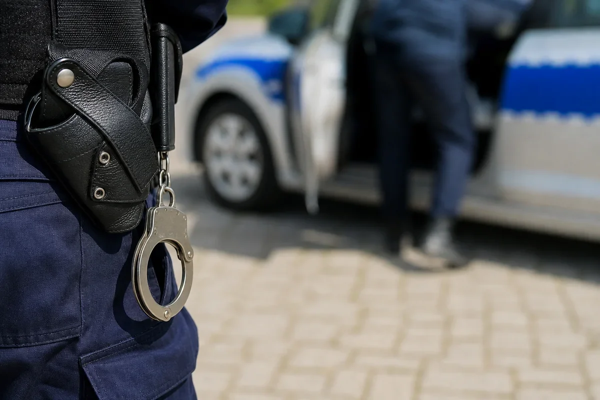 Fragment munduru policjanta z kajdankami przy pasie, w tle policyjny radiowóz i stojący funkcjonariusz.