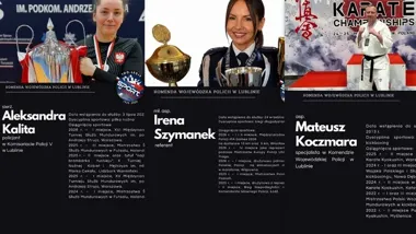 Trzy osoby w mundurach lub strojach sportowych prezentują trofea, promując sportowców Komendy Wojewódzkiej Policji w Lublinie.