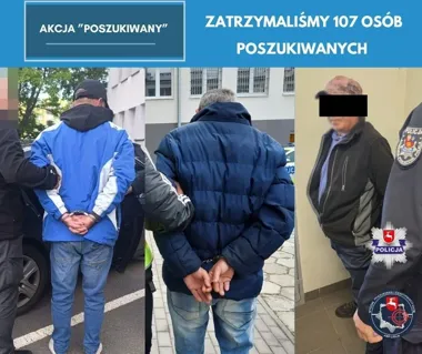 Policjanci z lubelskiej komendy prezentują zatrzymanych mężczyzn w ramach akcji "Poszukiwany".