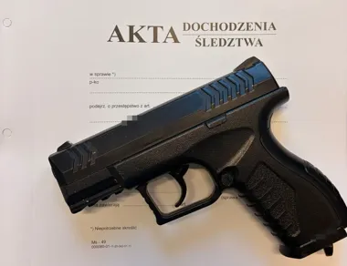 Czarny pistolet leży na pierwszej stronie akta dochodzenia śledztwa.