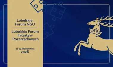 Plakat promujący Lubelskie Forum NGO, czyli Lubelskie Forum Inicjatyw Pozarządowych, zaplanowane na 13-14 października 2026 roku, z wizerunkiem jelenia i puzzli