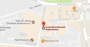 Zrzut ekranu z mapy przedstawiający lokalizację Urzędu Marszałkowskiego Województwa w pobliżu Teatru Muzycznego.