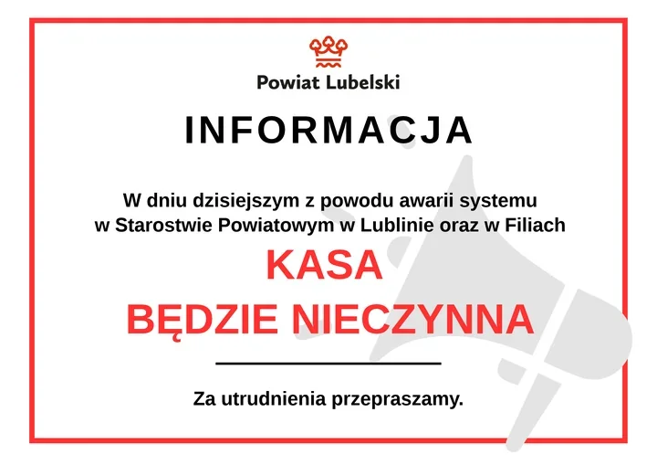 Awaria systemu w Starostwie Powiatowym w Lublinie. Kasa nieczynna