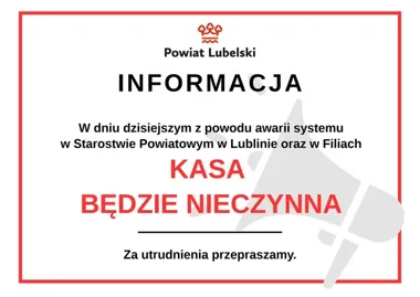 Awaria systemu w Starostwie Powiatowym w Lublinie. Kasa nieczynna