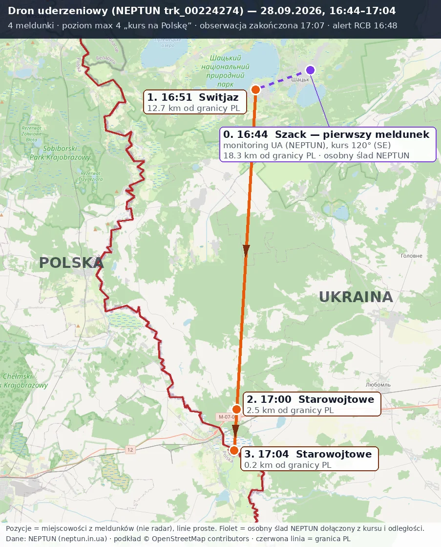 Mapa trasy drona 28 września 2026 – od Szacka przez Świtaź do Starowojtowego naprzeciw Dorohuska